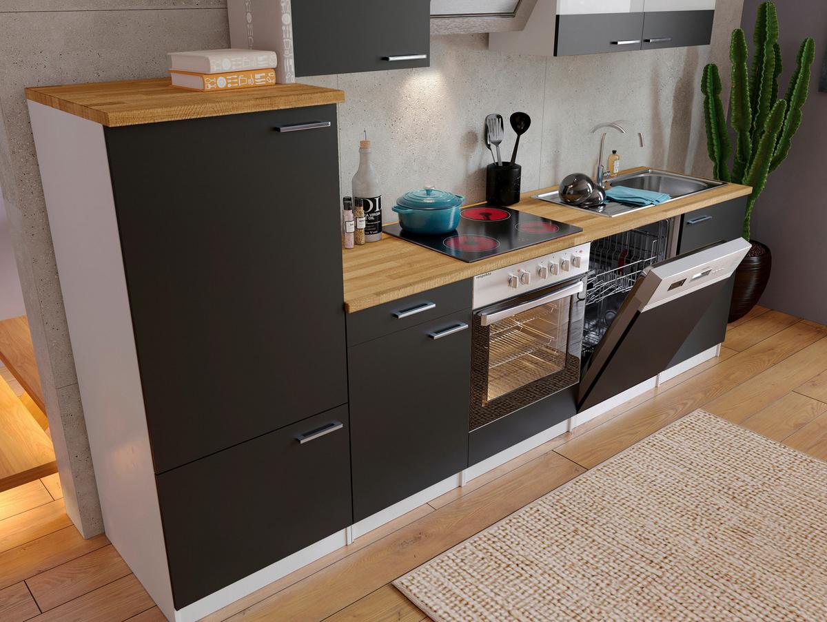 Küchenzeile Economy m. Geräten Schwarz/Nussbaum B: ca. 280 cm - Edelstahlfarben/Nussbaumfarben, Basics, Holzwerkstoff/Metall (280cm) - Respekta