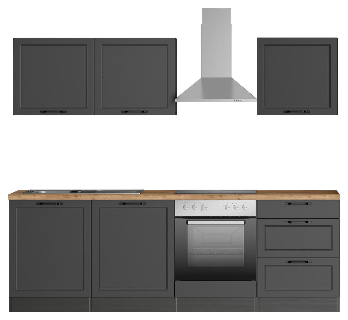 Küchenzeile Meran mit Geräten ca. 240 cm Grau/Eiche - Eiche Wotan/Schwarz, LIFESTYLE, Holzwerkstoff/Metall (240cm) - Held
