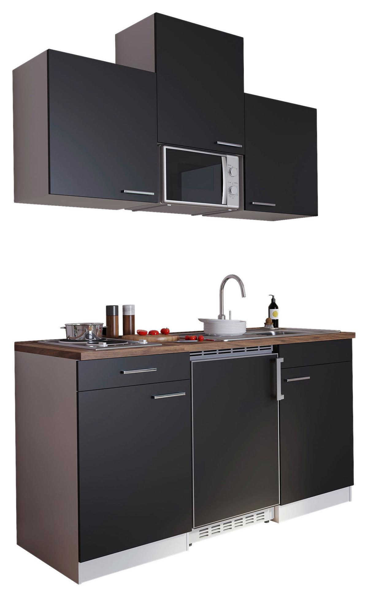 Miniküche Economy m. Geräten Schwarz B: ca. 150 cm - Edelstahlfarben/Nussbaumfarben, Basics, Holzwerkstoff/Kunststoff (150cm) - Respekta