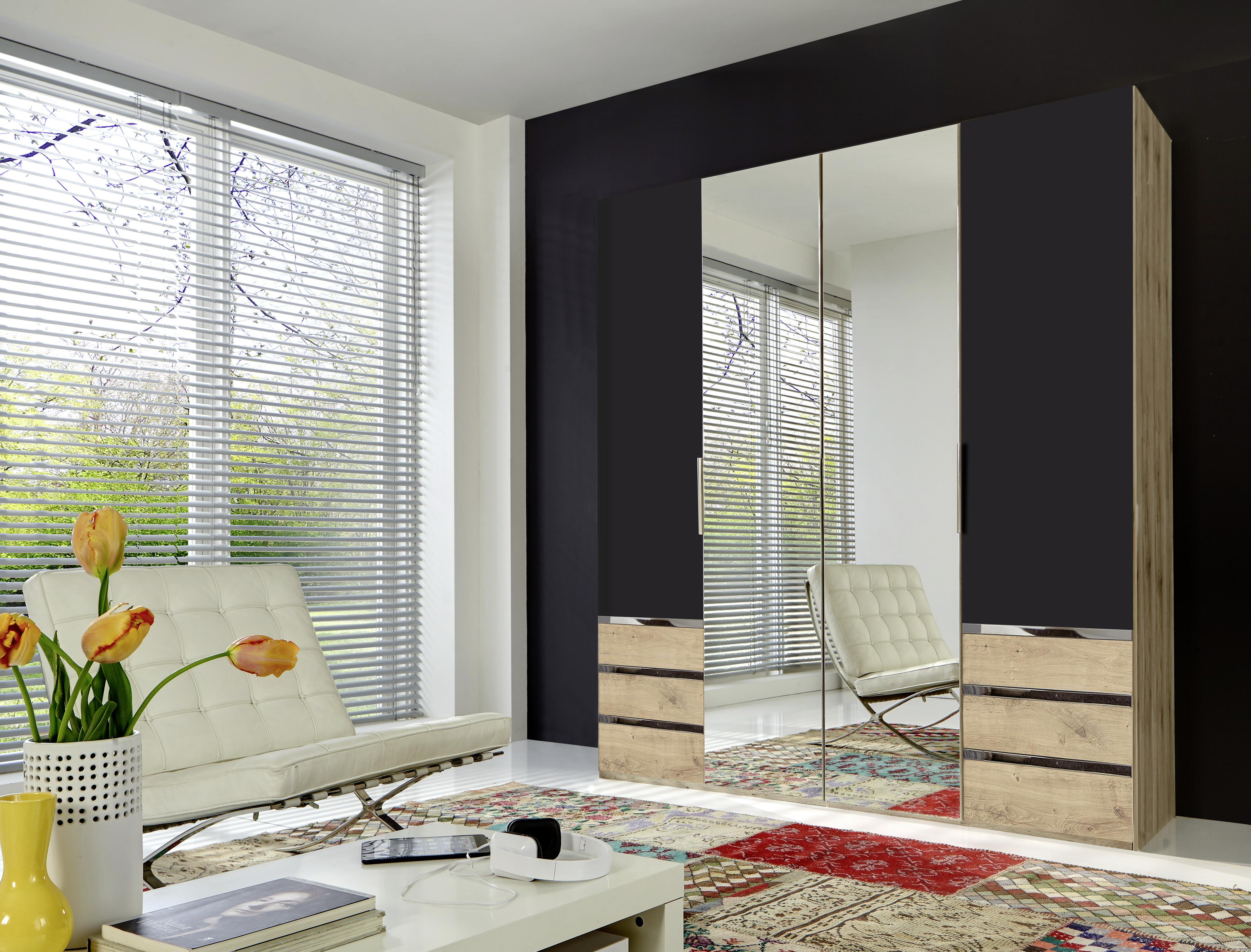 Drehtürenschrank Level 36A mit Spiegel ca.200cm Graphitfarben - Chromfarben/Eichefarben, MODERN, Glas/Holzwerkstoff (200/216/58cm) - MID.YOU