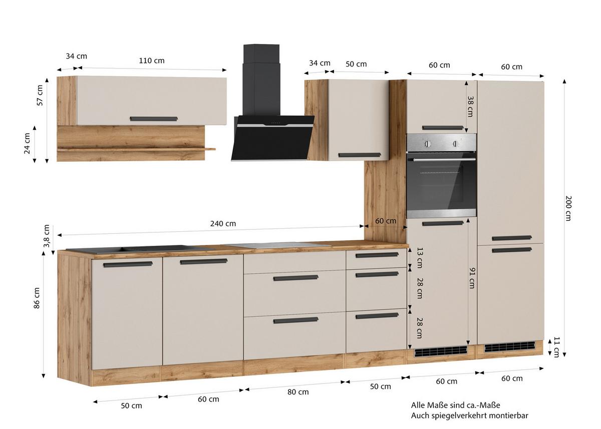 Küchenblock Aveiro m. Geräten Kaschmir - Kaschmir/Eiche Wotan, Trend, Holzwerkstoff/Metall (360cm) - Held