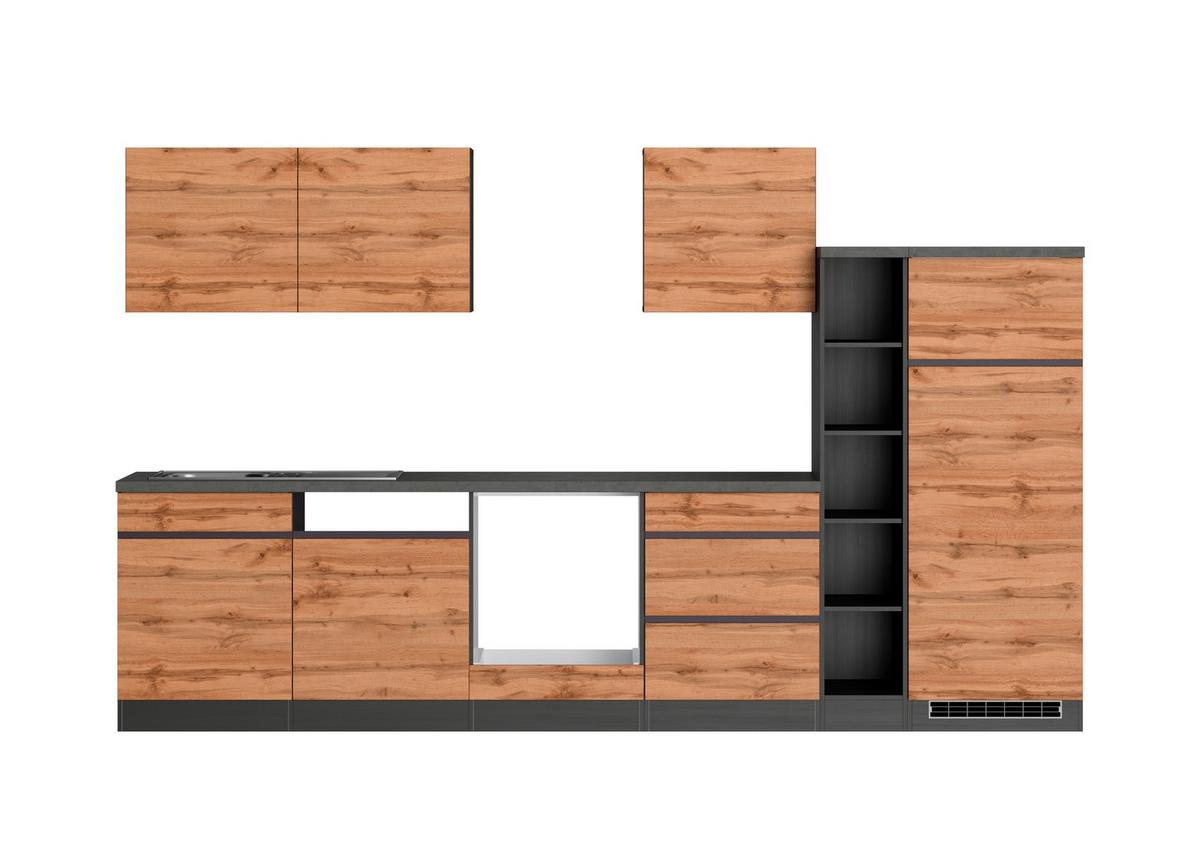 Küchenzeile Turin ohne Geräte ca. 330 cm Graphit/Eiche - Eiche Wotan, Design, Holzwerkstoff (330cm) - Held