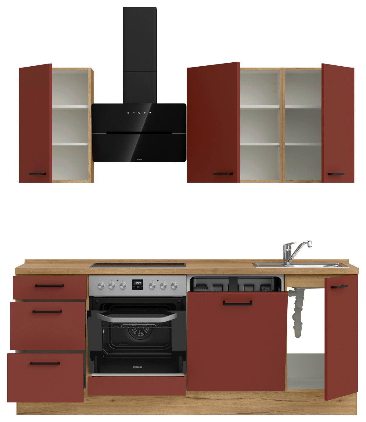 Küchenblock Easytouch High m. Geräten Dunkelrot - Eichefarben/Schwarz, MODERN, Holzwerkstoff/Metall (210cm) - Nobilia
