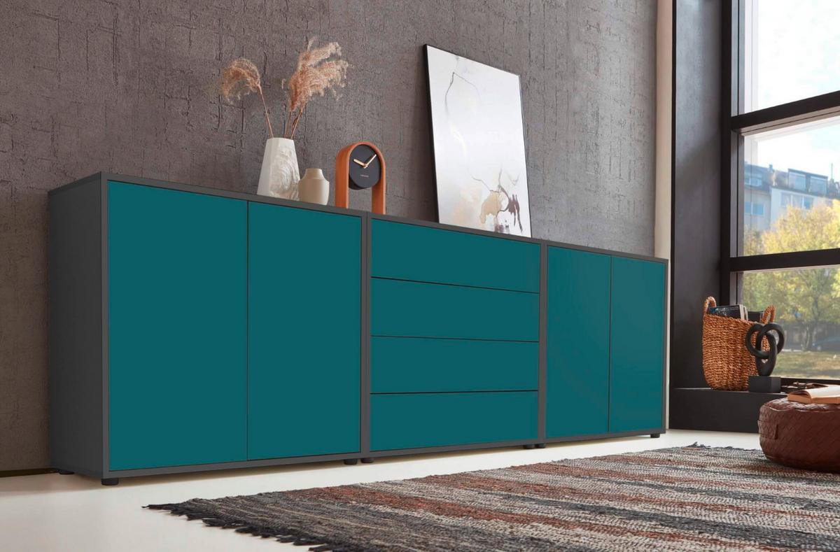 Sideboard Mailand Set 5 Anthrazit/Petrol - Anthrazit/Petrol, MODERN, Holzwerkstoff/Kunststoff (237/73/33cm) - MID.YOU