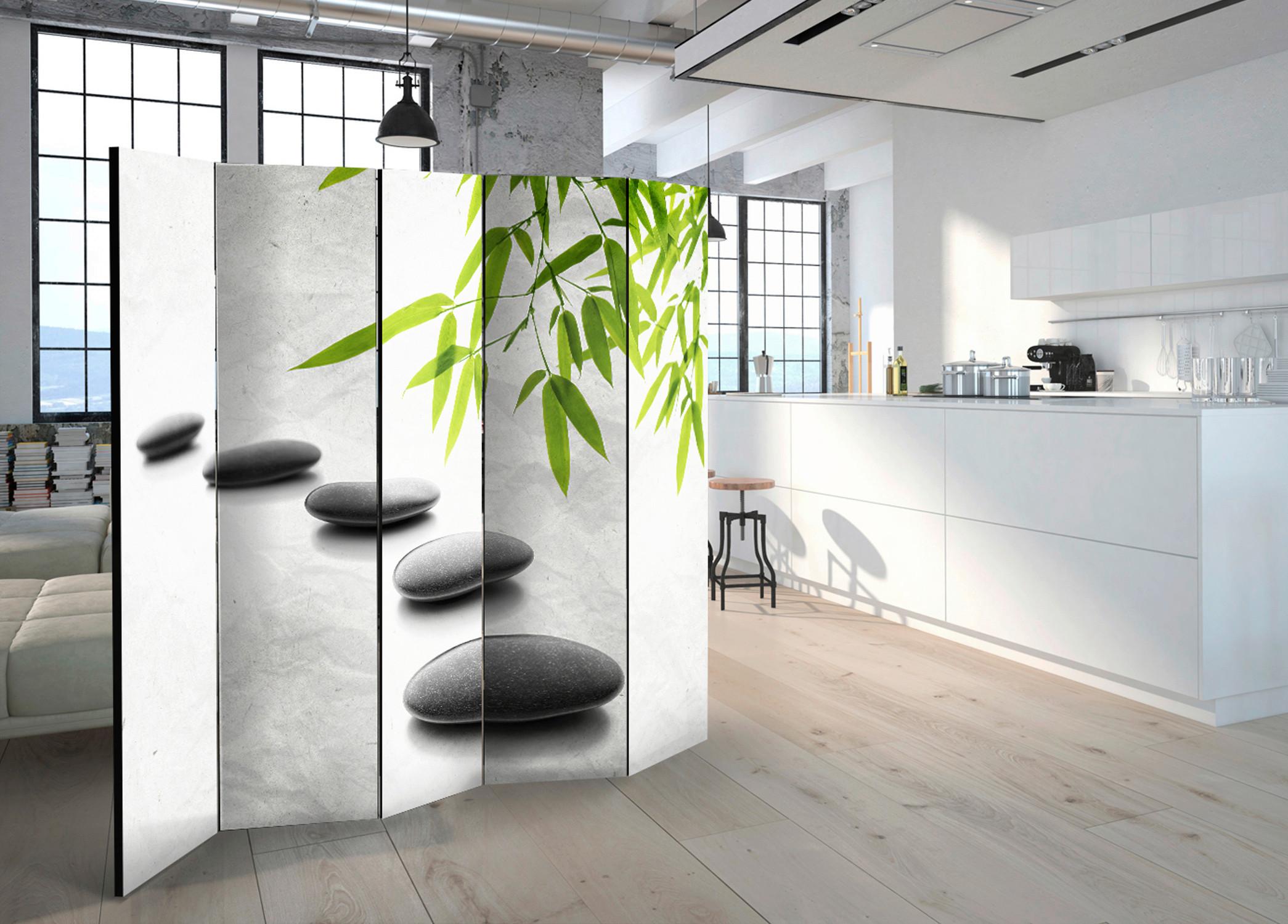 Paravan Zen Stones I, 5-Delni, Dvostranski - zelena/sivobela, Moderno, tekstil/les (225/172/3cm) - artgeist
