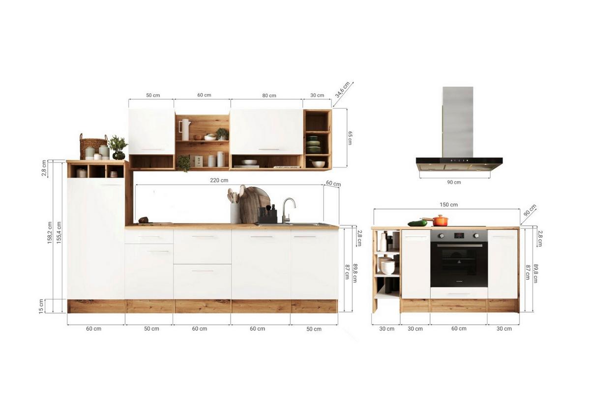 Küchenblock Hilde m. Insel m. Geräten ca.280cm Eiche/Weiß - Wildeiche/Alufarben, Design, Holzwerkstoff/Metall (280-150cm) - Respekta