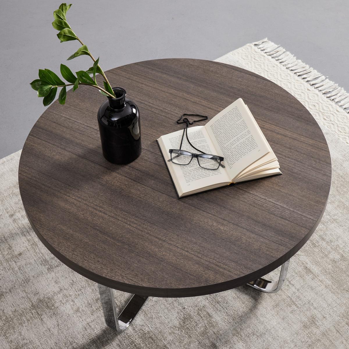 Couchtisch Carl Eichefarben MDF Rund - Chromfarben/Eichefarben, MODERN, Holz/Metall (80/80/42cm) - Bessagi Home