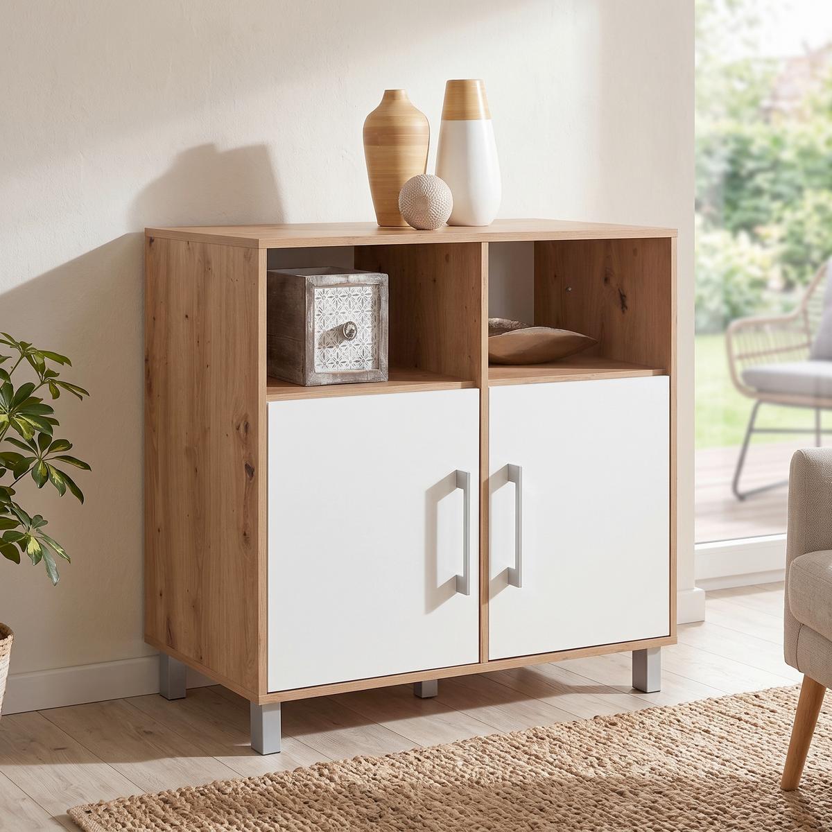 Comodă Box - alb/culoare lemn stejar, Modern, material pe bază de lemn (99/85/40cm) - Modern Living