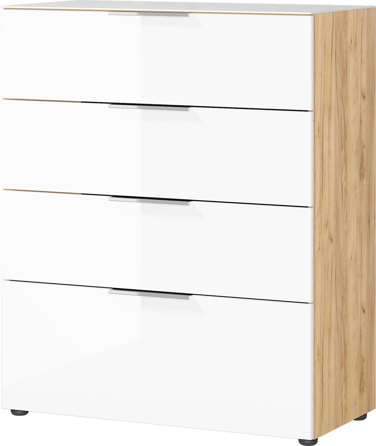 Kommode Oakland in Weiss/Eichefarben - Chromfarben/Weiss, Modern, Glas/Holzwerkstoff (83/102/42cm) - Premium Living
