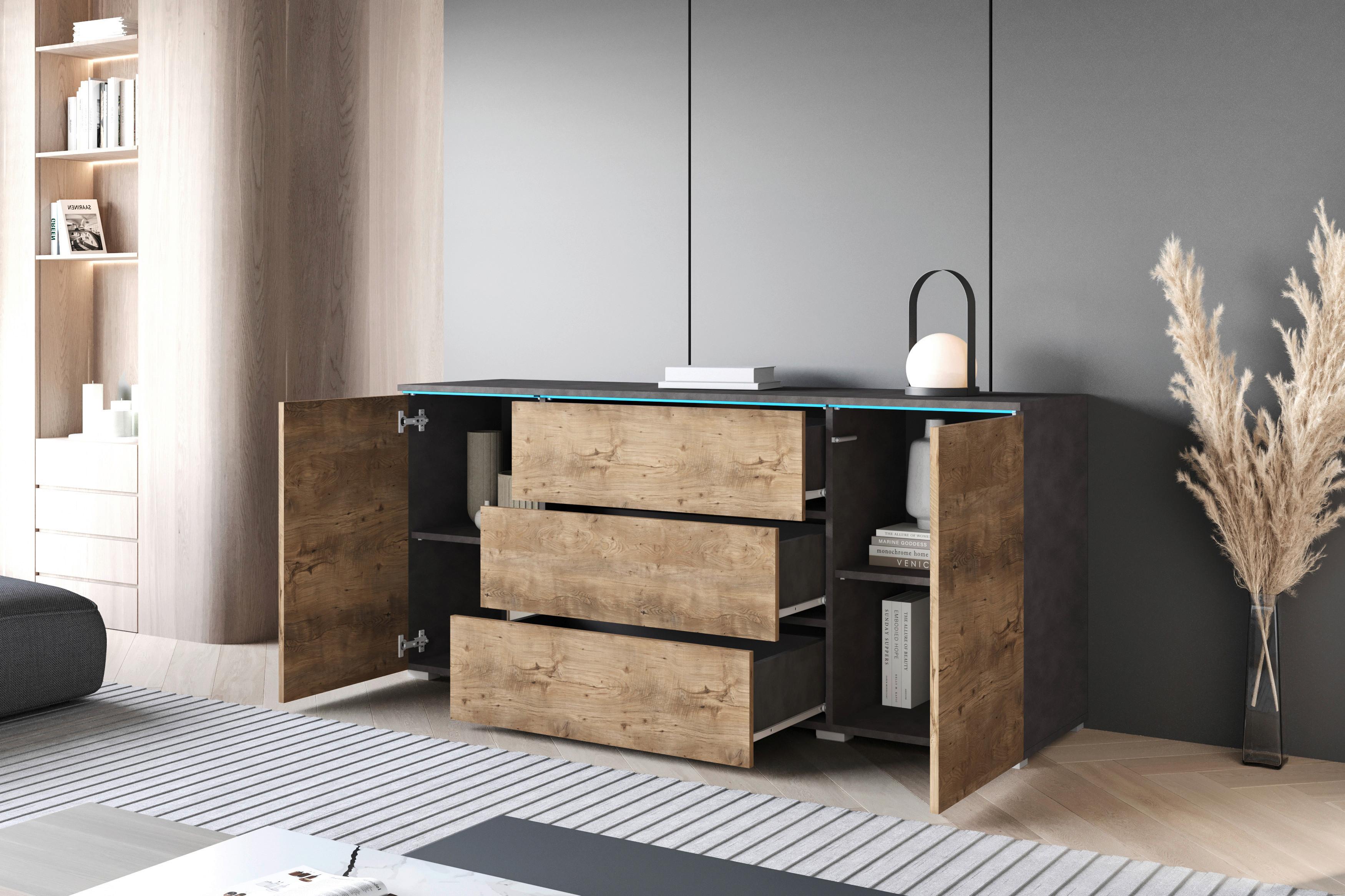 Komoda Vera, Antracit, Barva Kostanja, Z Osvetlitvijo - siva/barva kostanjevega hrasta, Trend, umetna masa/leseni material (150/67,9/39,5cm) - P & B