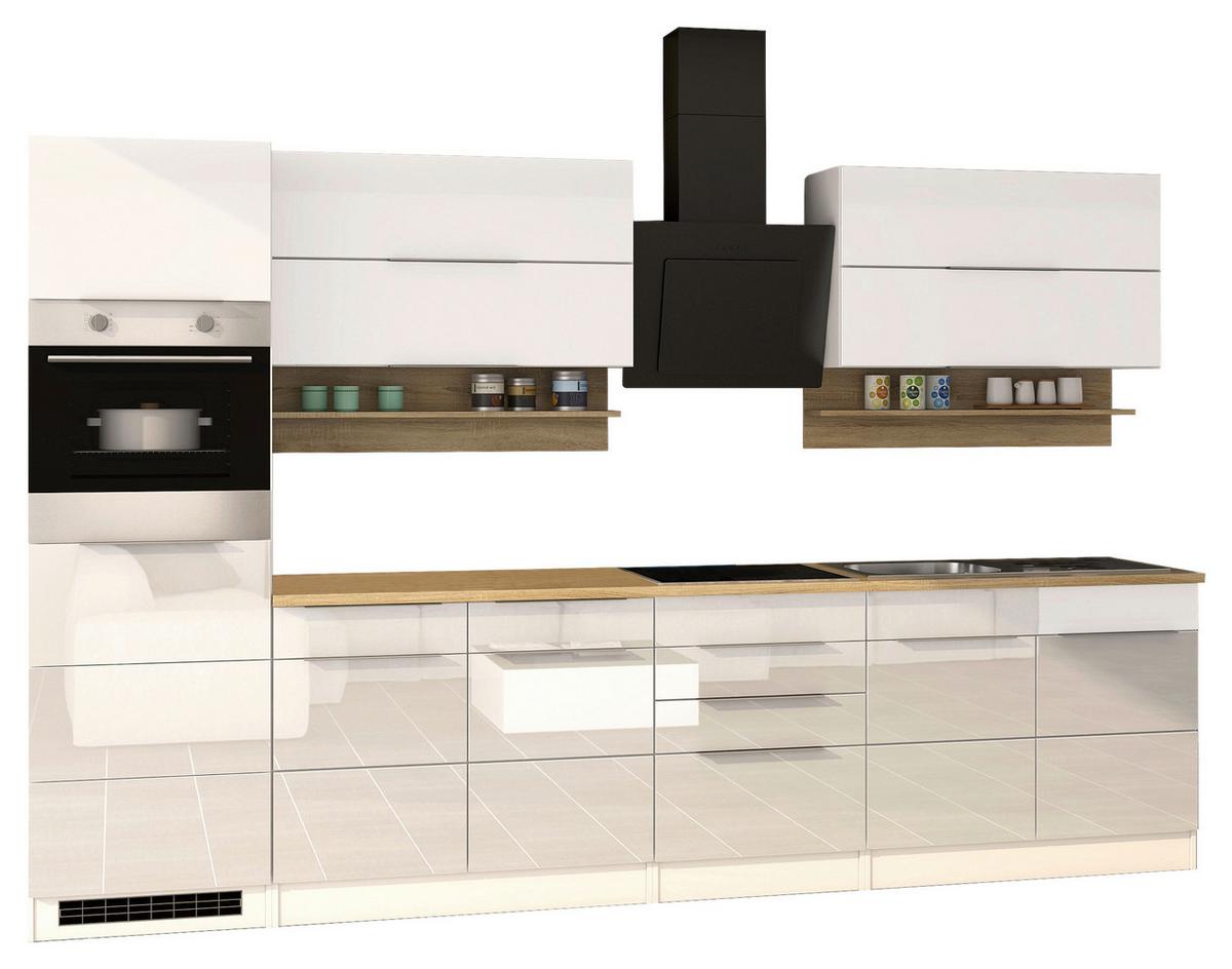 Küchenblock Neapel I Weiß Hochglanz/Eichefarben - Weiß Hochglanz/Alufarben, MODERN, Holzwerkstoff/Metall (320cm) - Held