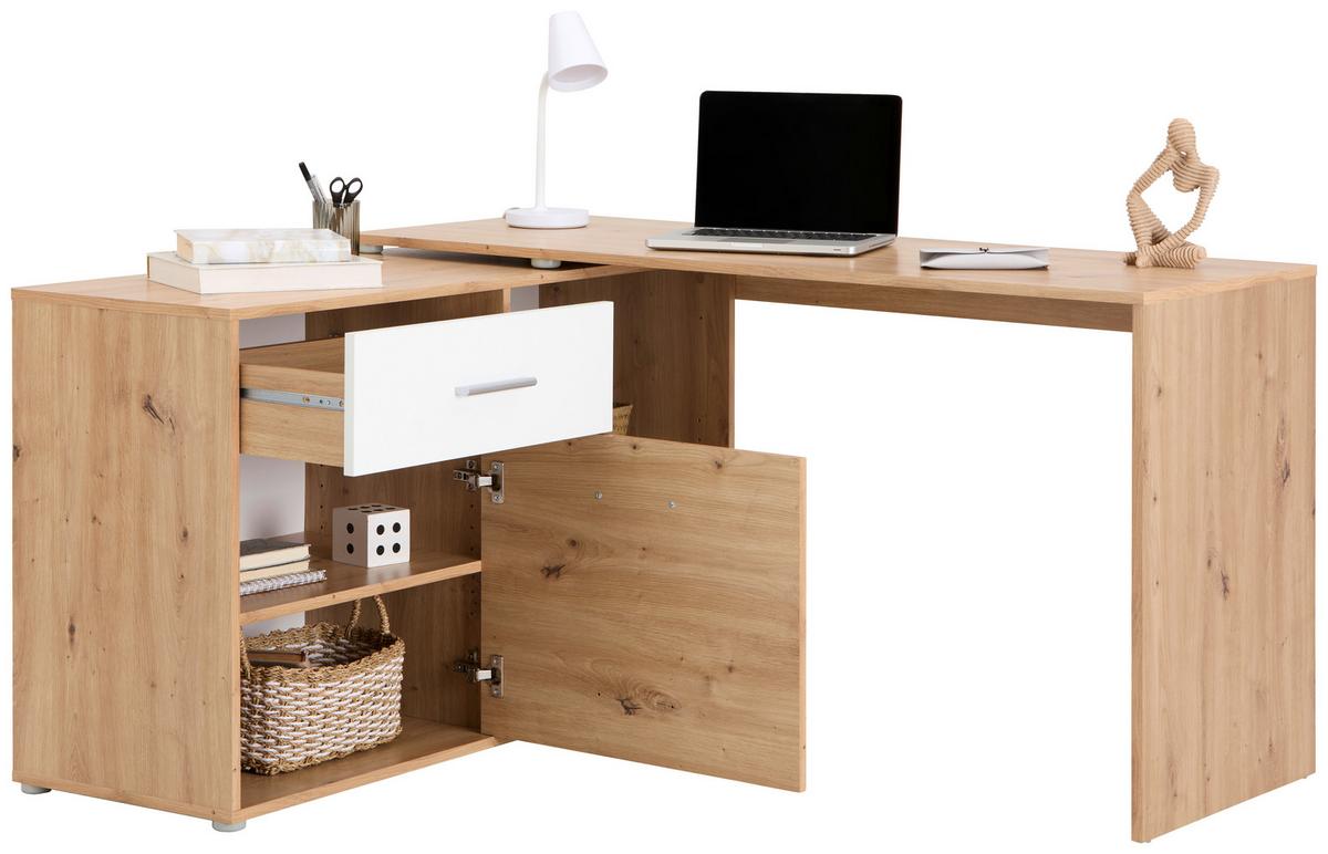 Kotna Pisalna Miza Prag 138 - bela/barve aluminija, Moderno, umetna masa/leseni material (138/74/50cm)