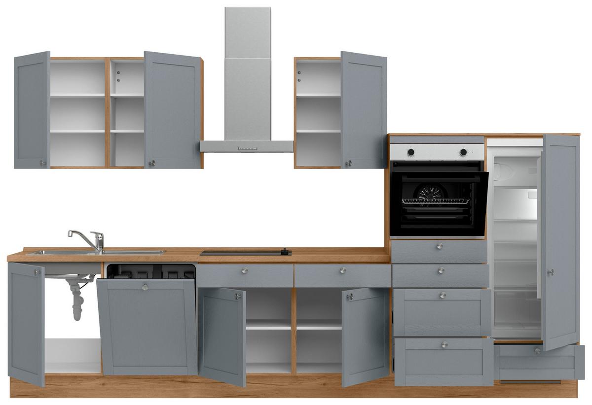 Küchenleerblock Frame Low o. Geräte Blaugrau - Edelstahlfarben/Eichefarben, MODERN, Holzwerkstoff/Metall (360cm) - Nobilia
