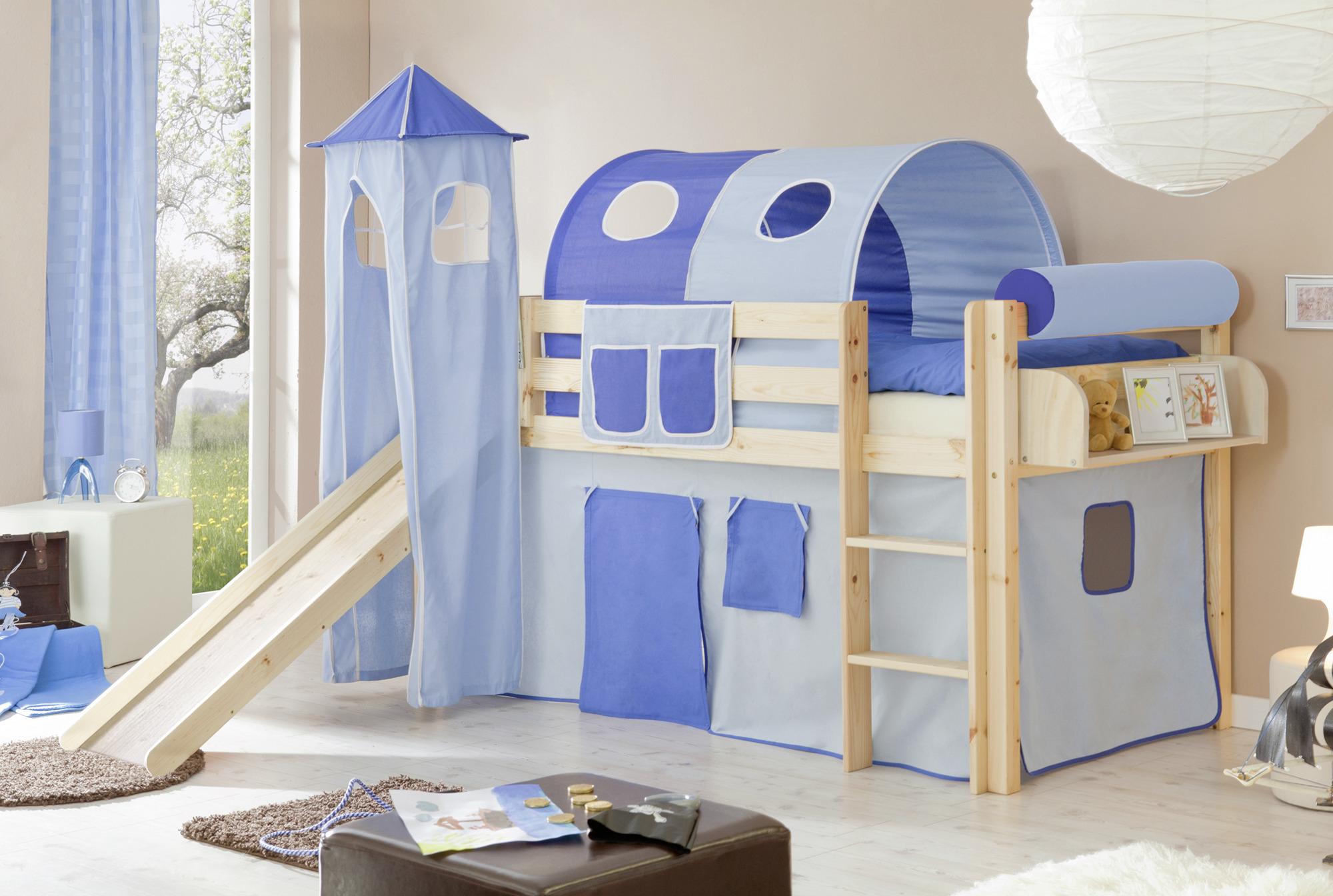 Spielbett "Kasper",aus Kiefer, hellblau/dunkelblau/kiefer - Dunkelblau/Kieferfarben, Natur, Holz (90/200cm) - MID.YOU