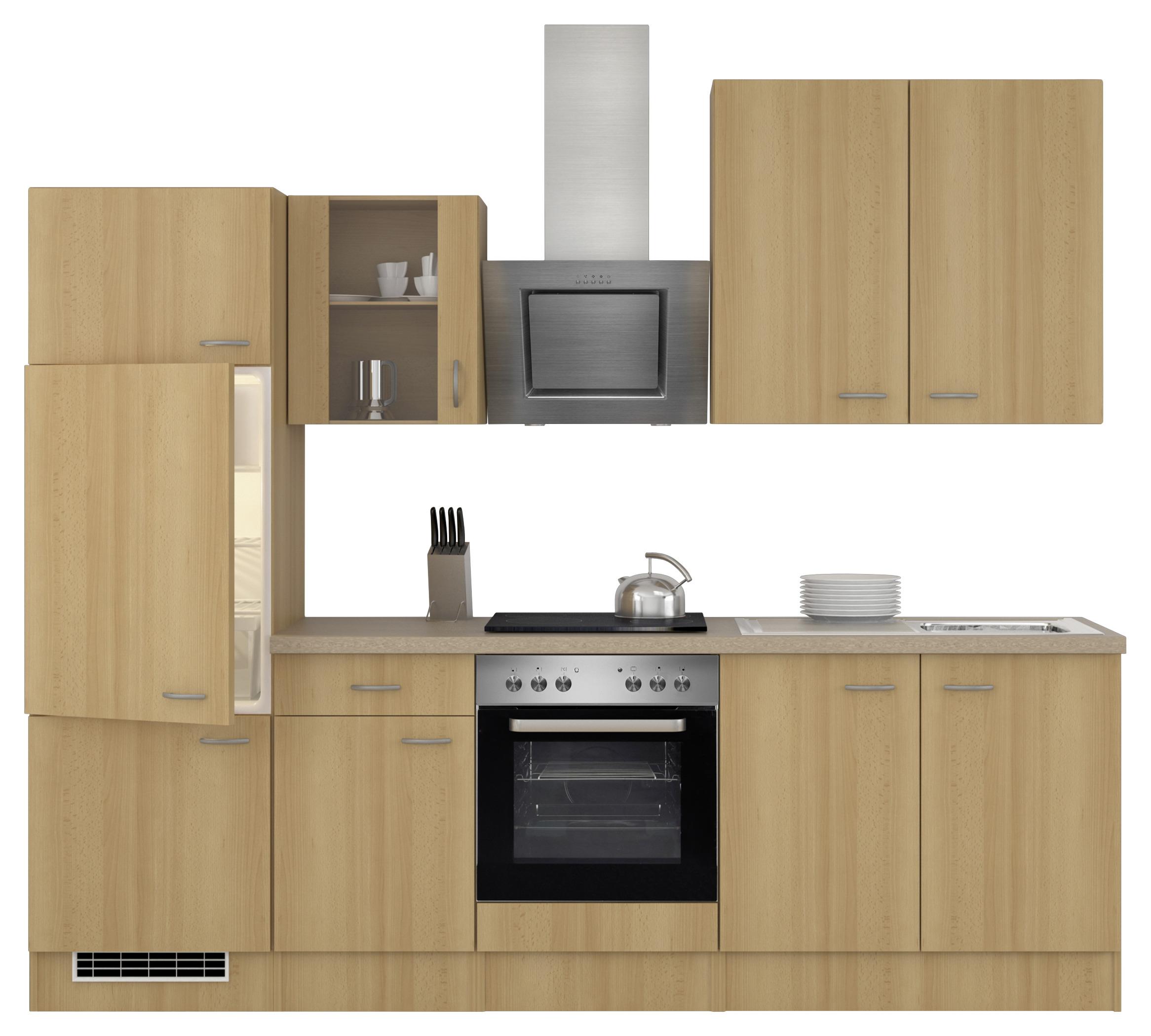 Küchenblock in Buche inkl. Geräte und Spüle 'Nano' - Edelstahlfarben/Beige, MODERN, Glas/Holzwerkstoff (270cm) - FlexWell