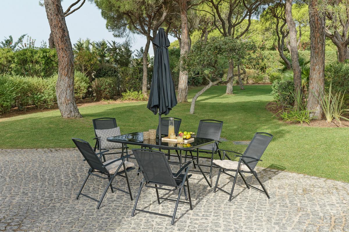 Vrtna Garnitura Laura, 7-Delni Set, S Senčnikom - črna, Moderno, kovina/steklo (140/90/70cm)