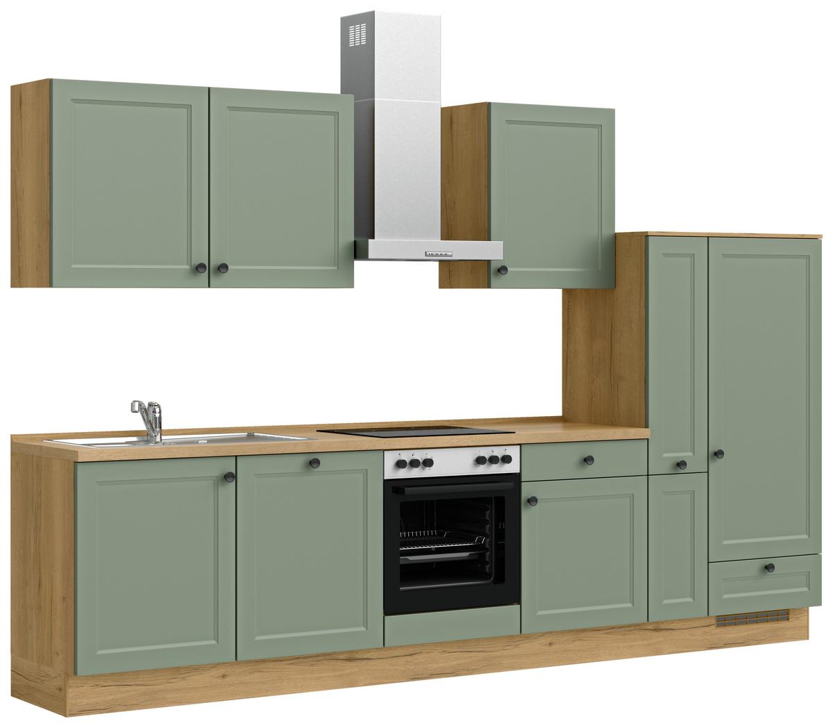 Küchenblock Cascada Low m. Geräten Schilfgrün - Schilfgrün/Eichefarben, MODERN, Holzwerkstoff/Metall (330cm) - Nobilia