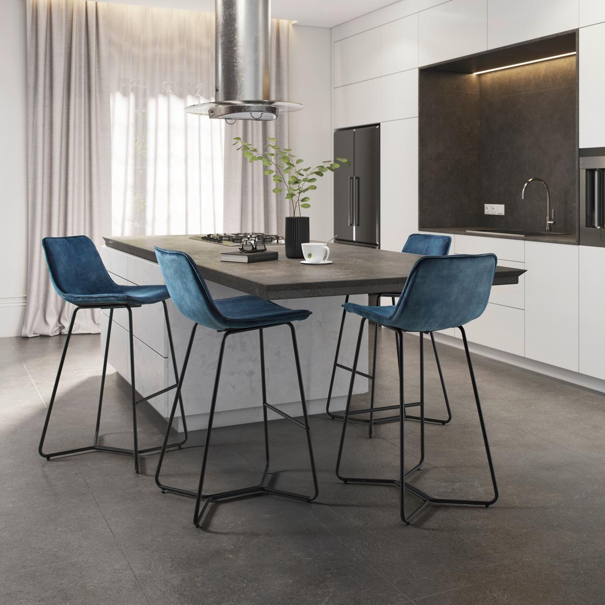 Barhocker Nery Blau Samt Gepolstert - Blau/Schwarz, MODERN, Holz/Textil (48/103,2/57cm) - Bessagi Home