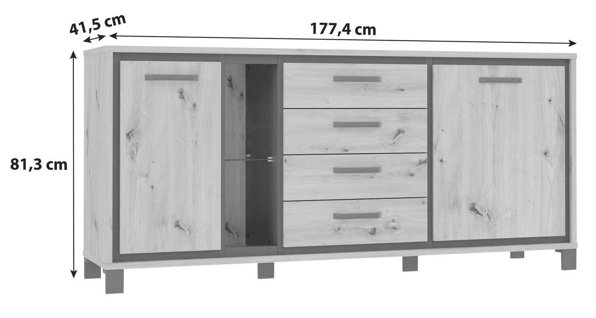 Sideboard "Trondheim" , Schwarz, Eiche - Eichefarben/Schwarz, Basics, Glas/Holzwerkstoff (177,4/81,3/41,5cm) - Livetastic