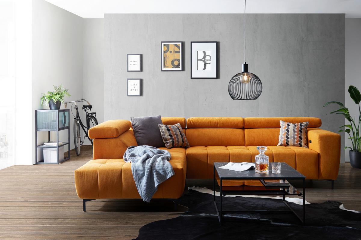 Wohnlandschaft Taragona in Gelb - Dunkelorange/Schwarz, Modern, Textil (201/295cm) - Premium Living