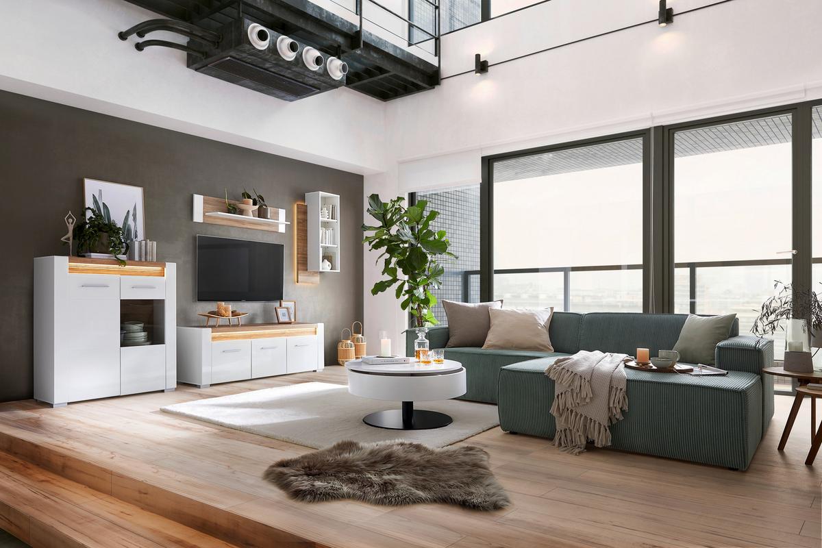 Tv Komoda Leonardo - bijela/boje hrasta, Moderno, drvni materijal/metal (160/56/45cm) - Modern Living