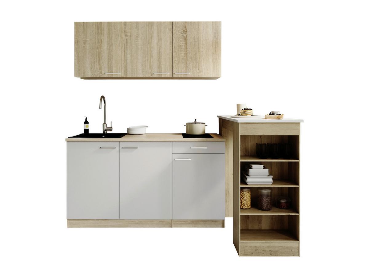 Miniküche Ingrid m. Gerät ca. 150cm Weiß - Eichefarben/Alufarben, Design, Holzwerkstoff/Kunststoff (150cm) - Respekta