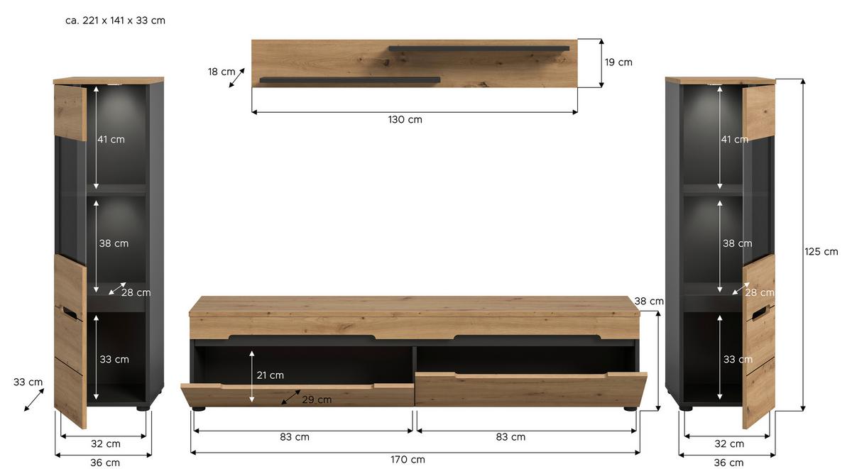 Dnevni Regal Canu, Siva, Barva Hrasta, Osvetlitev, 4-Delni - črna/hrast artisan, Design, umetna masa/leseni material (272/141/33cm) - Livetastic