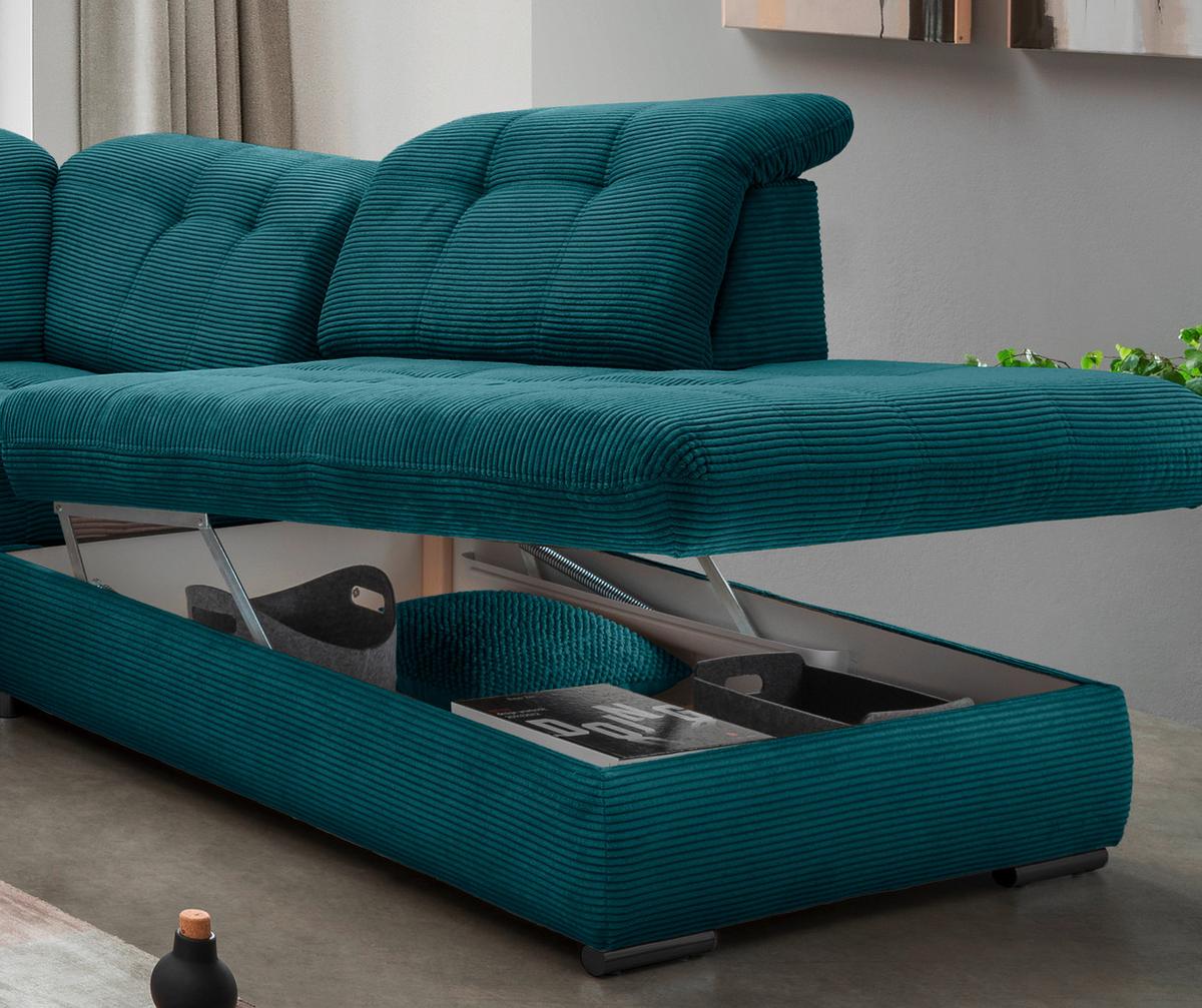 Wohnlandschaft Rigatti Petrol Cord mit Bettkasten - Petrol/Schwarz, MODERN, Textil/Metall (184/387/252cm) - Livetastic