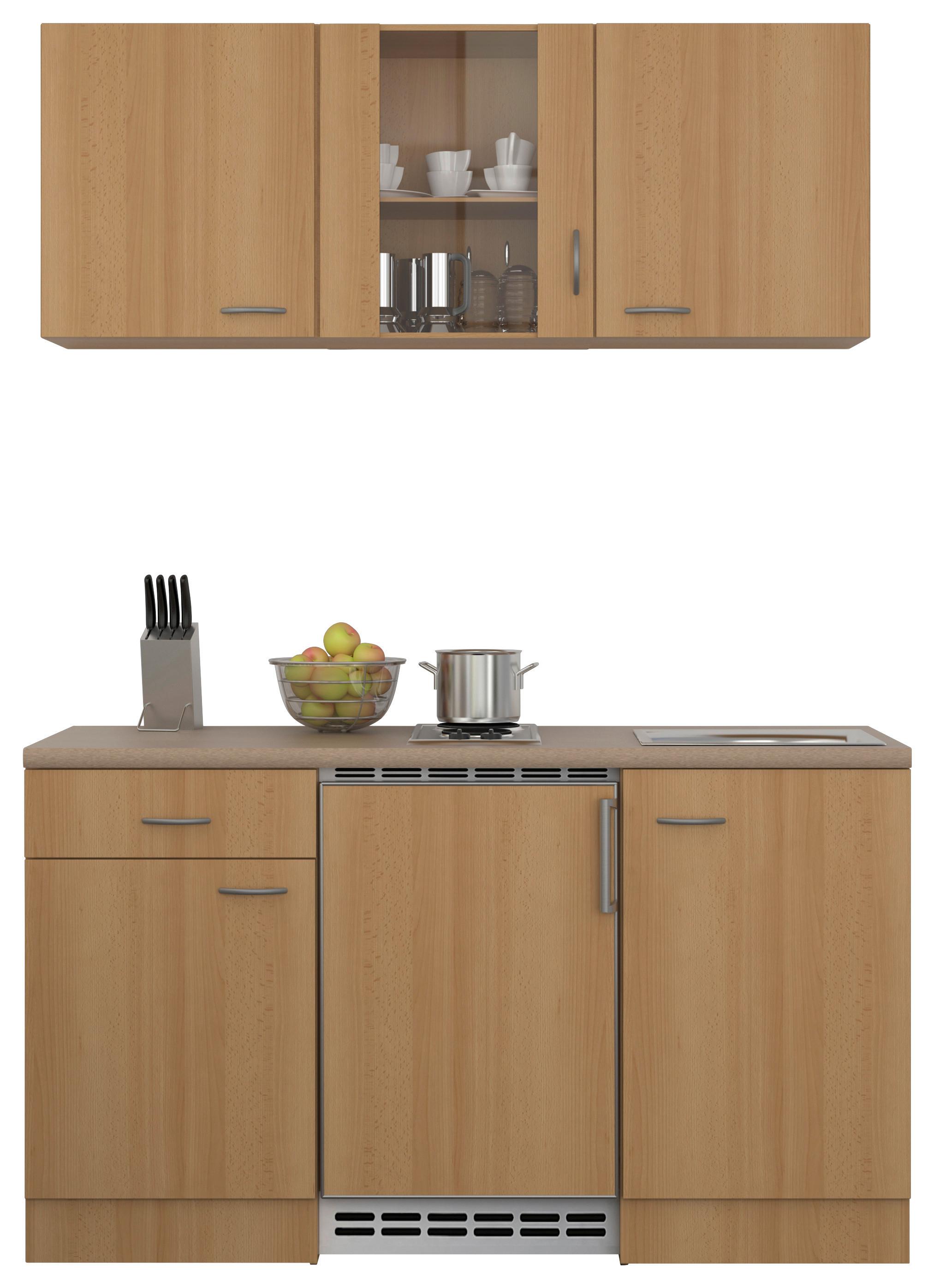 Miniküche Nano m. Geräten B: ca. 150cm Buchefarben - Edelstahlfarben/Beige, MODERN, Glas/Holzwerkstoff (150cm) - FlexWell