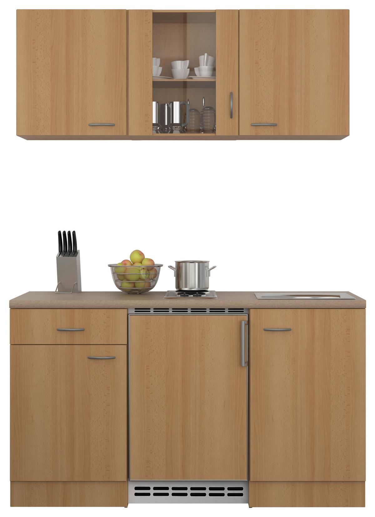 Miniküche Nano m. Geräten B: ca. 150cm Buchefarben - Edelstahlfarben/Beige, MODERN, Glas/Holzwerkstoff (150cm) - FlexWell