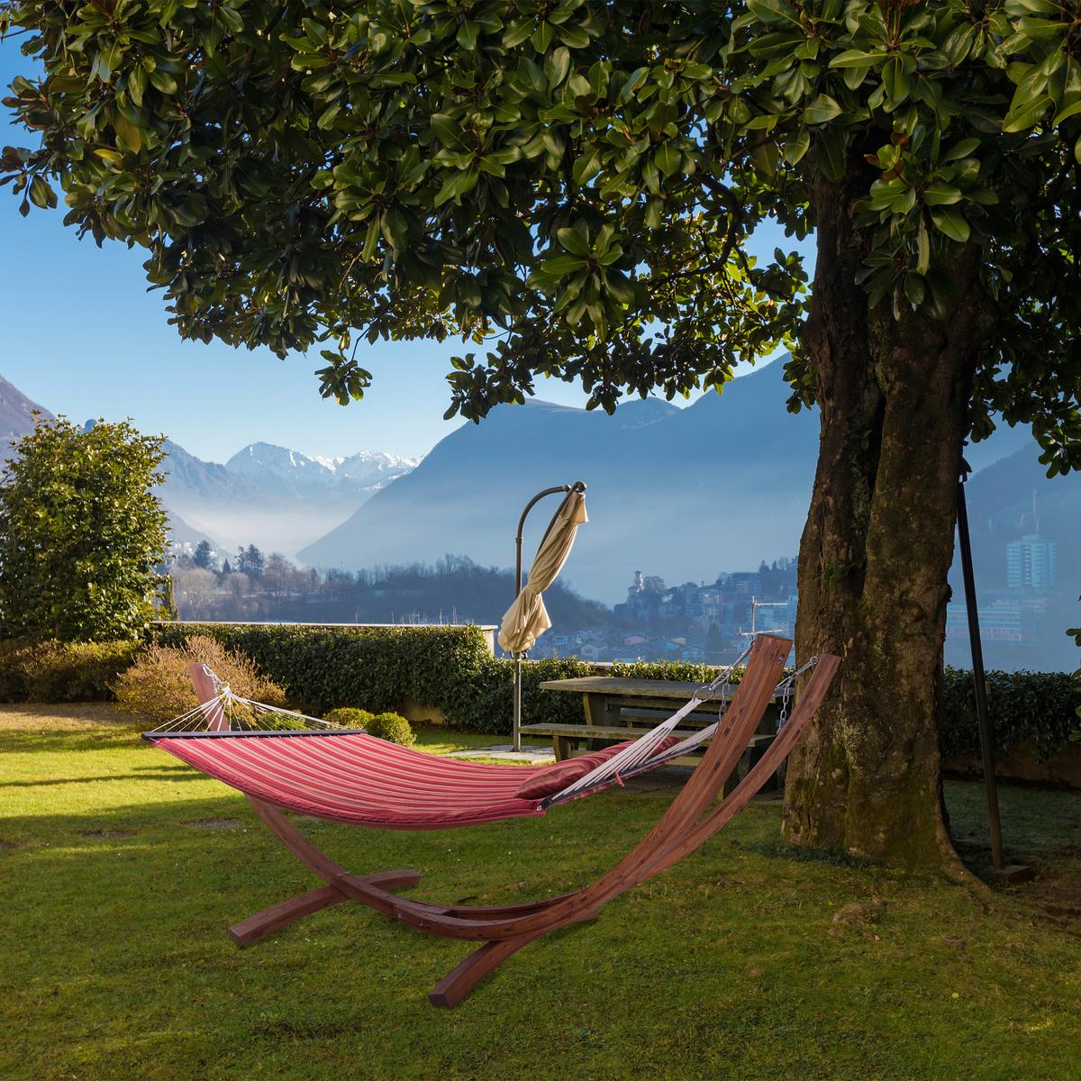 Hängematte Hawaii Holz/Rot - Rot/Lärchefarben, Basics, Holz/Textil (320/120/130cm) - Ambia Garden