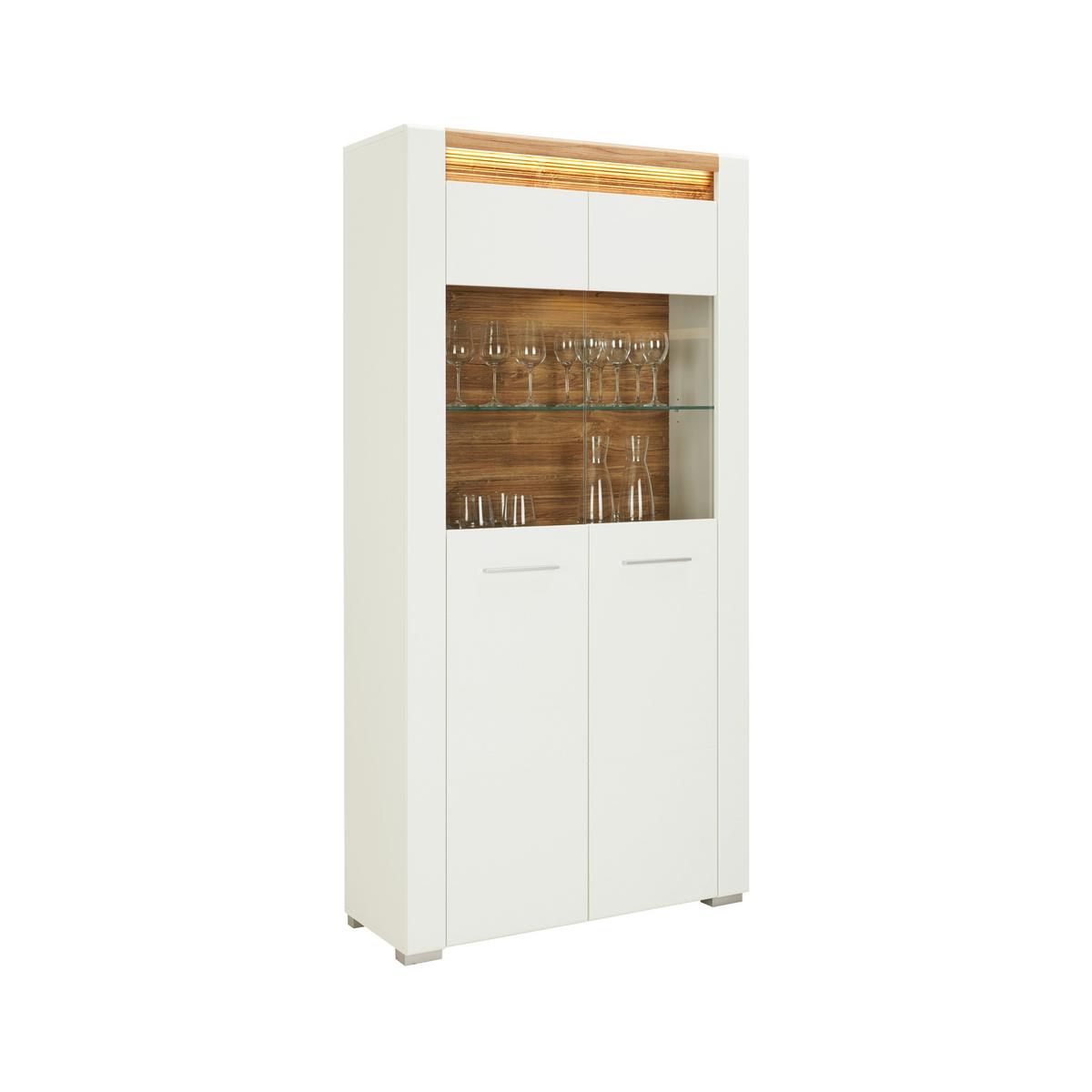Vitrină LEONARDO - alb/culoare lemn stejar, Modern, sticlă/material pe bază de lemn (100/201/40cm) - Modern Living
