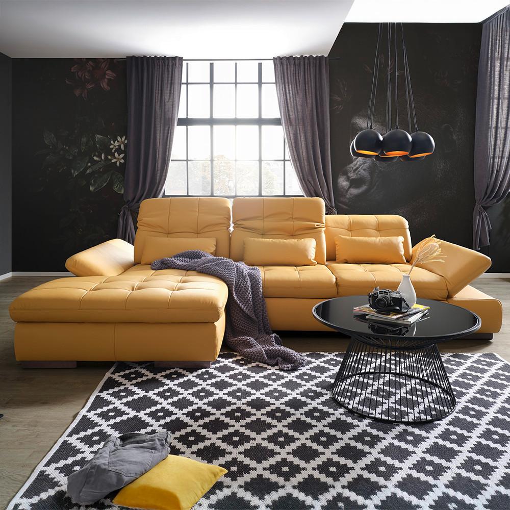 Wohnlandschaft Sanfino Leder Currygelb - Currygelb/Chromfarben, KONVENTIONELL, Leder/Metall (199/79-96/305cm) - Premium Living