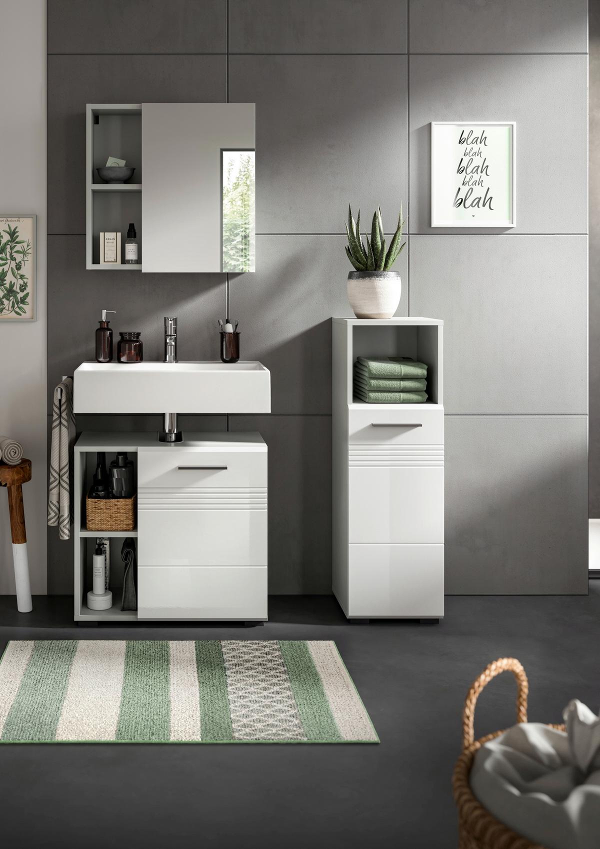 Badezimmer-Set COPA 3-teilig, Grau/Weiß Hochglanz - Chromfarben/Weiß Hochglanz, MODERN, Holzwerkstoff/Kunststoff (90cm) - MID.YOU