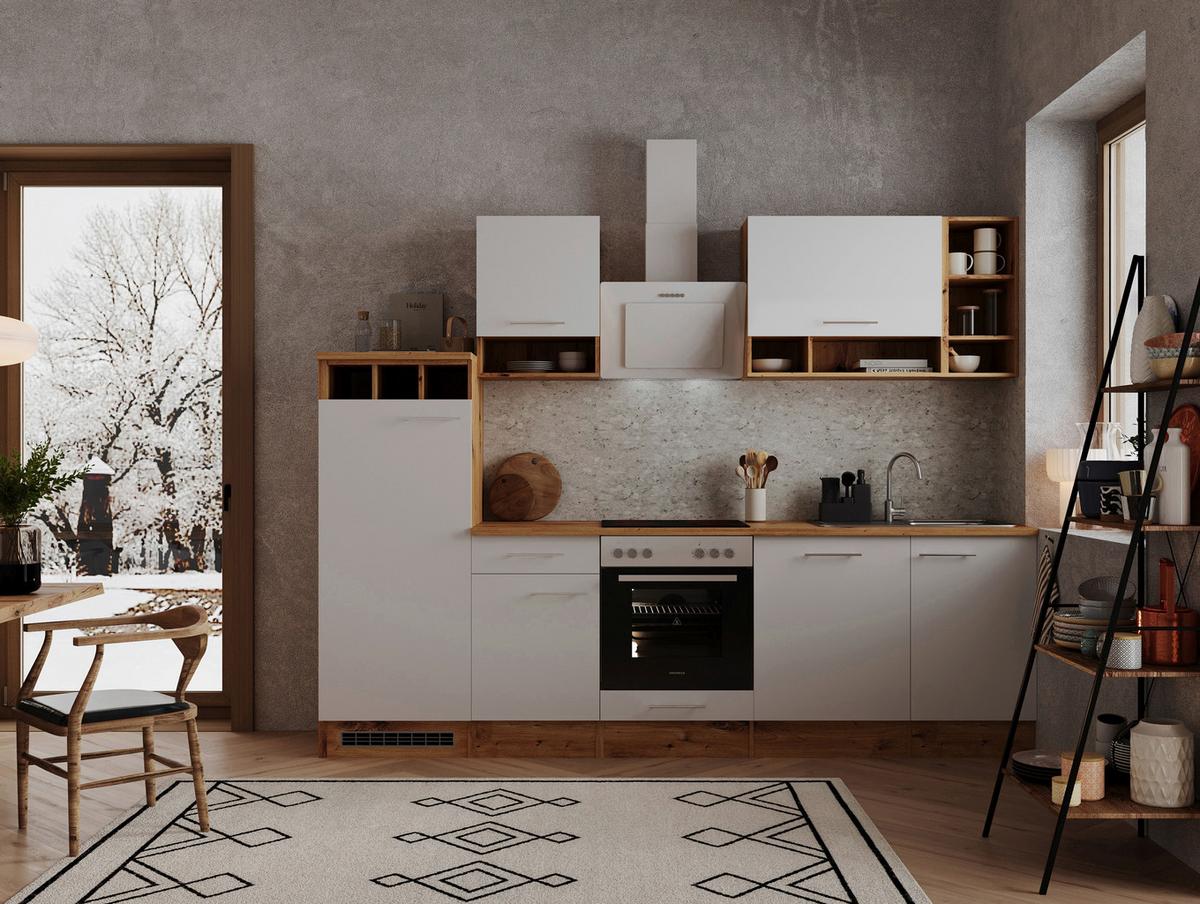 Küchenblock Economy mit Geräte Weiß/Eiche B: 280 cm - Wildeiche/Edelstahlfarben, Basics, Holzwerkstoff/Metall (280cm) - Respekta