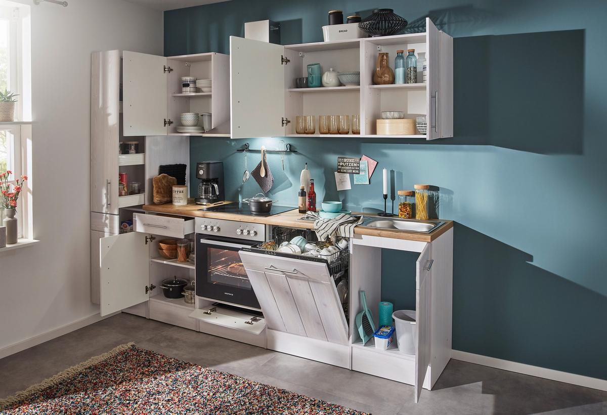 Küchenblock Anton Landhaus ohne Geräte ca. 250 cm Weiß - Edelstahlfarben/Lärchefarben, Basics, Holzwerkstoff/Metall - Respekta