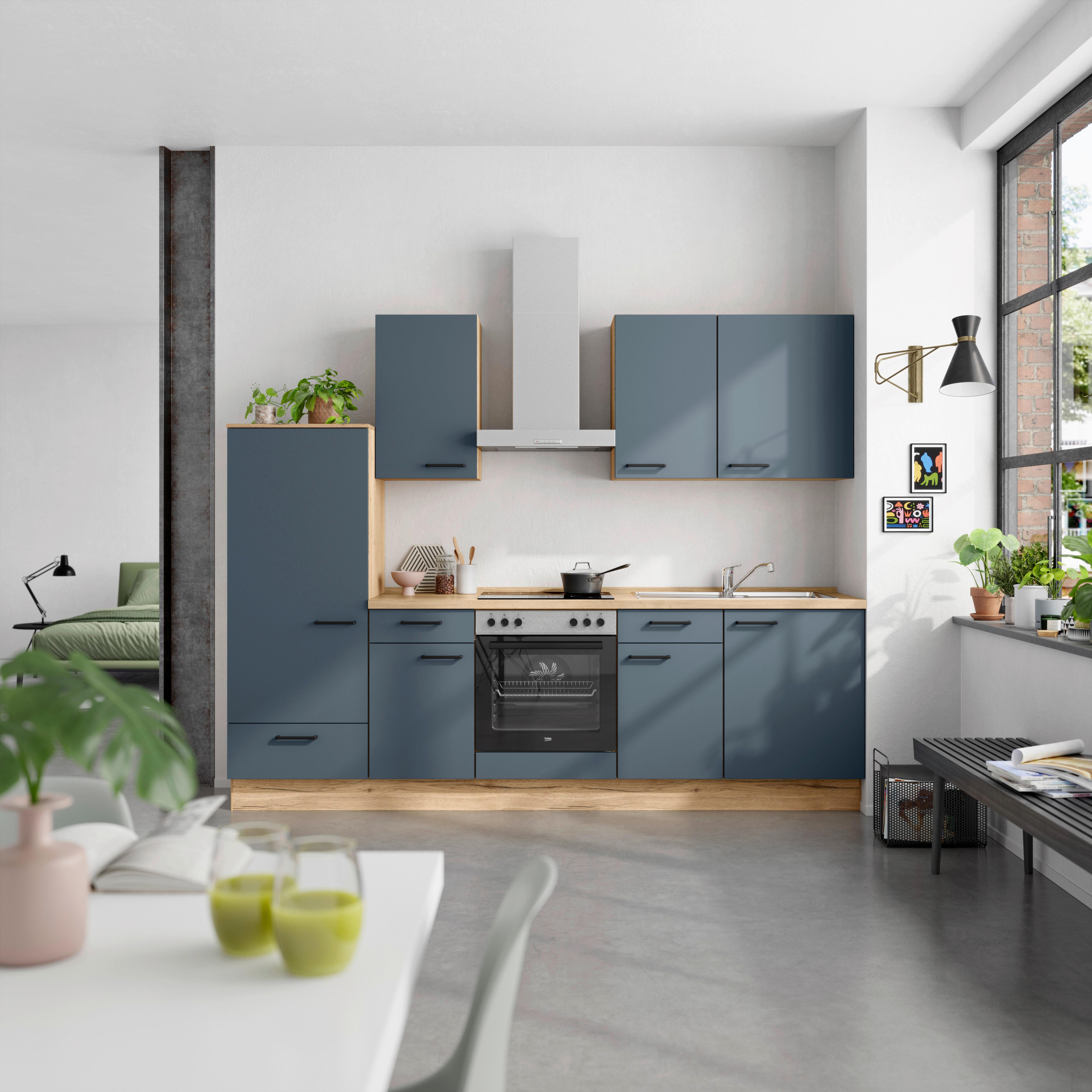 Küchenblock Easytouch Low m. Geräten Dunkelblau - Eichefarben/Schwarz, MODERN, Holzwerkstoff/Metall (270cm) - Nobilia
