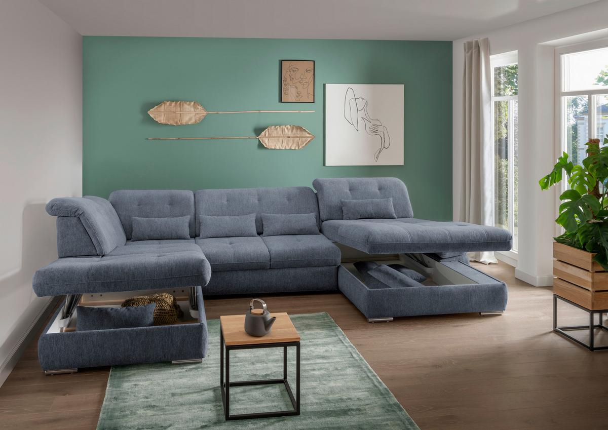 Wohnlandschaft Dalida Hellblau Chenille - Chromfarben/Hellblau, Design, Textil/Metall (254/376/195cm) - Livetastic