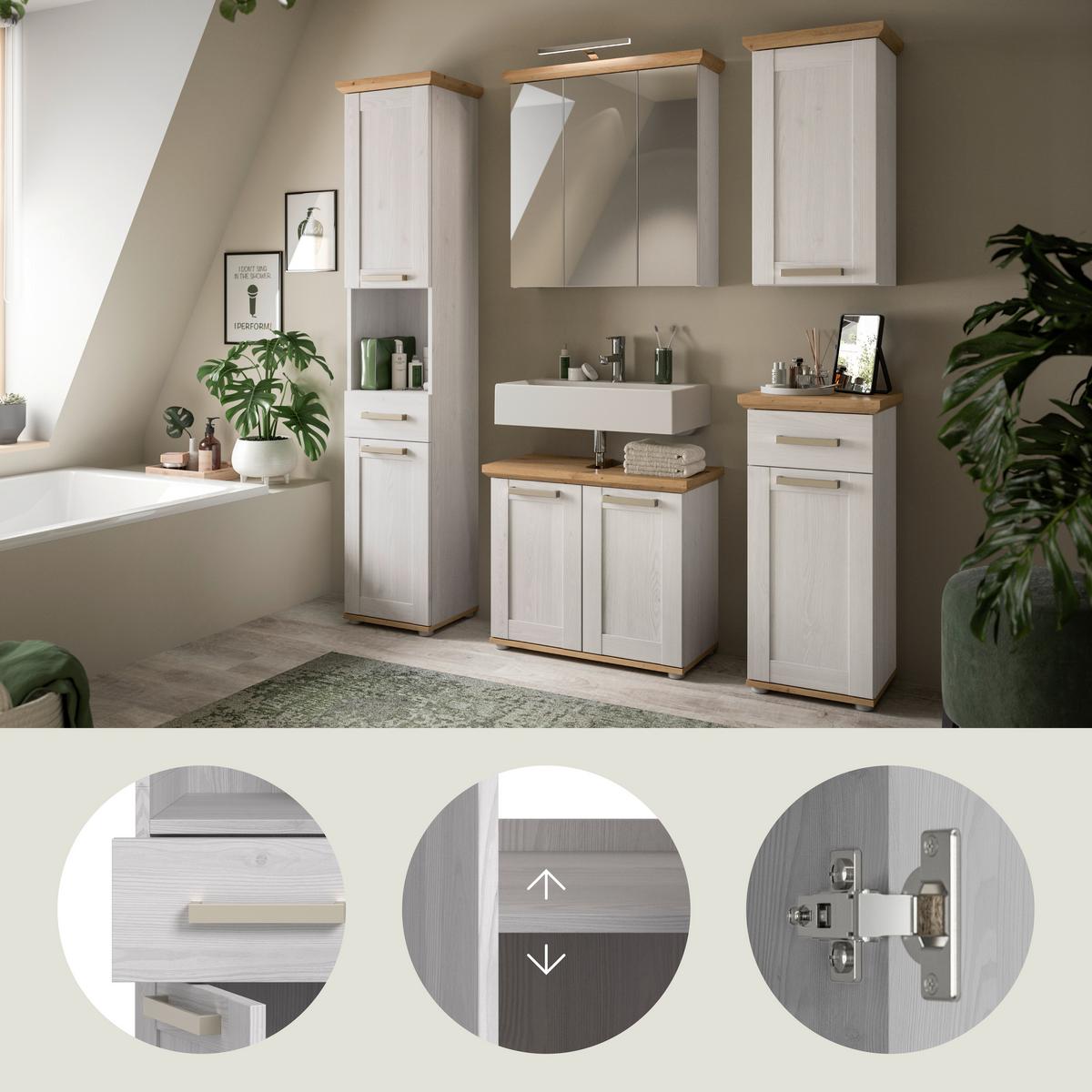 Badezimmer Verona Lärchenfarben/Eiche Artisan - Silberfarben/Lärchefarben, Trend, Glas/Holzwerkstoff (147cm) - MID.YOU