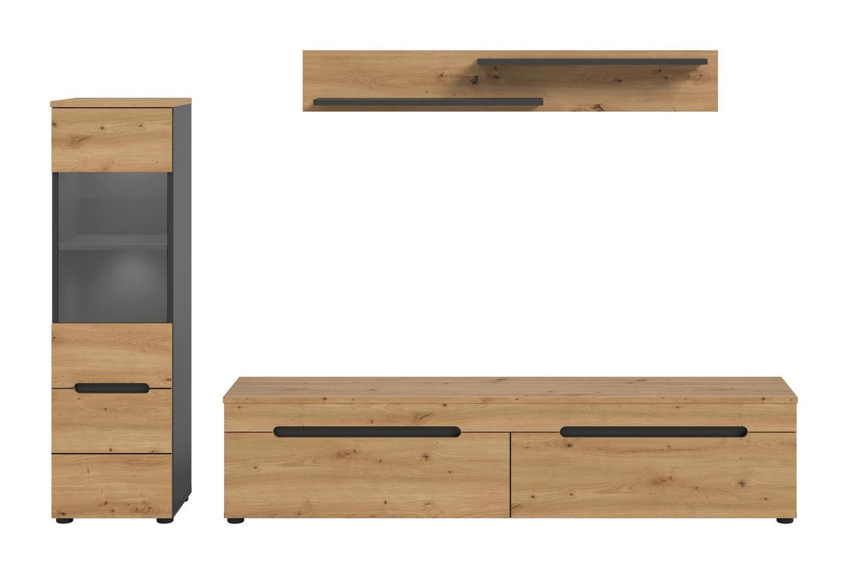 Dnevni Regal Canu, Siva, Barva Hrasta, Osvetlitev, 3-Delni - črna/hrast artisan, Design, umetna masa/leseni material (221/141/33cm) - Livetastic