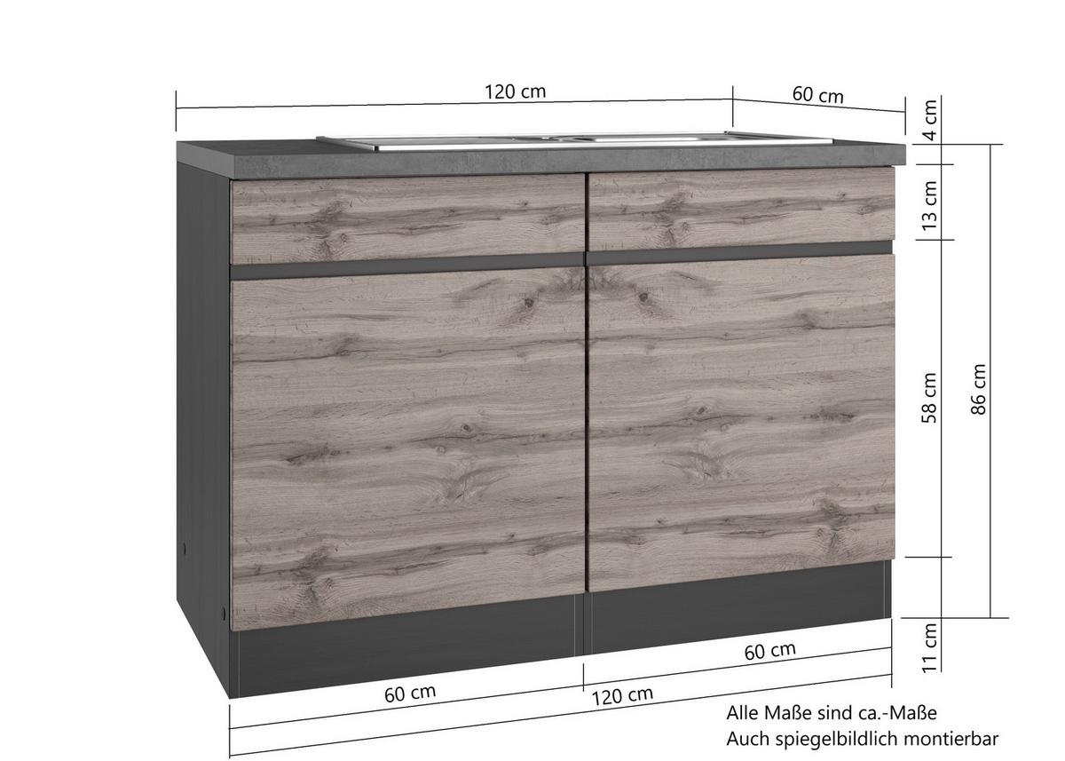 Spülenschrank Turin mit Spüle ca. 120x86 cm Grau/Wotan Eiche - Eiche Wotan/Grau, Design, Holzwerkstoff (120/86/60cm) - Held