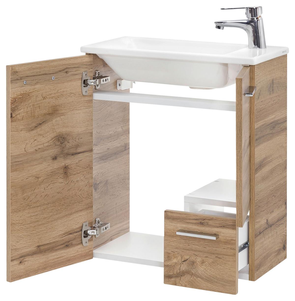 Waschtischkombi Matteo Eiche - Eichefarben/Weiß Hochglanz, MODERN, Keramik/Holzwerkstoff (50cm) - MID.YOU