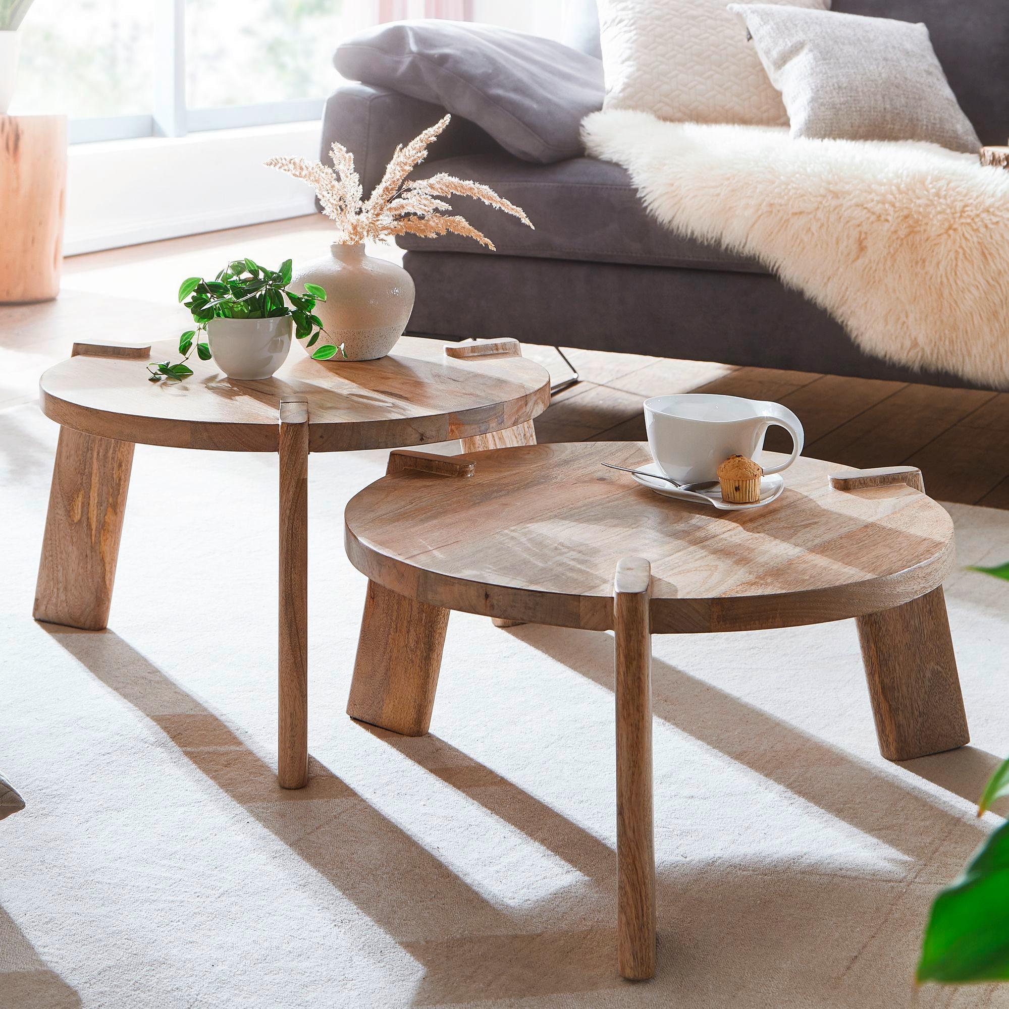 Beistelltisch-Set Wohnling 2-tlg. rund Mangoholz - Hellbraun, MODERN, Holz (53/32/53cm) - MID.YOU
