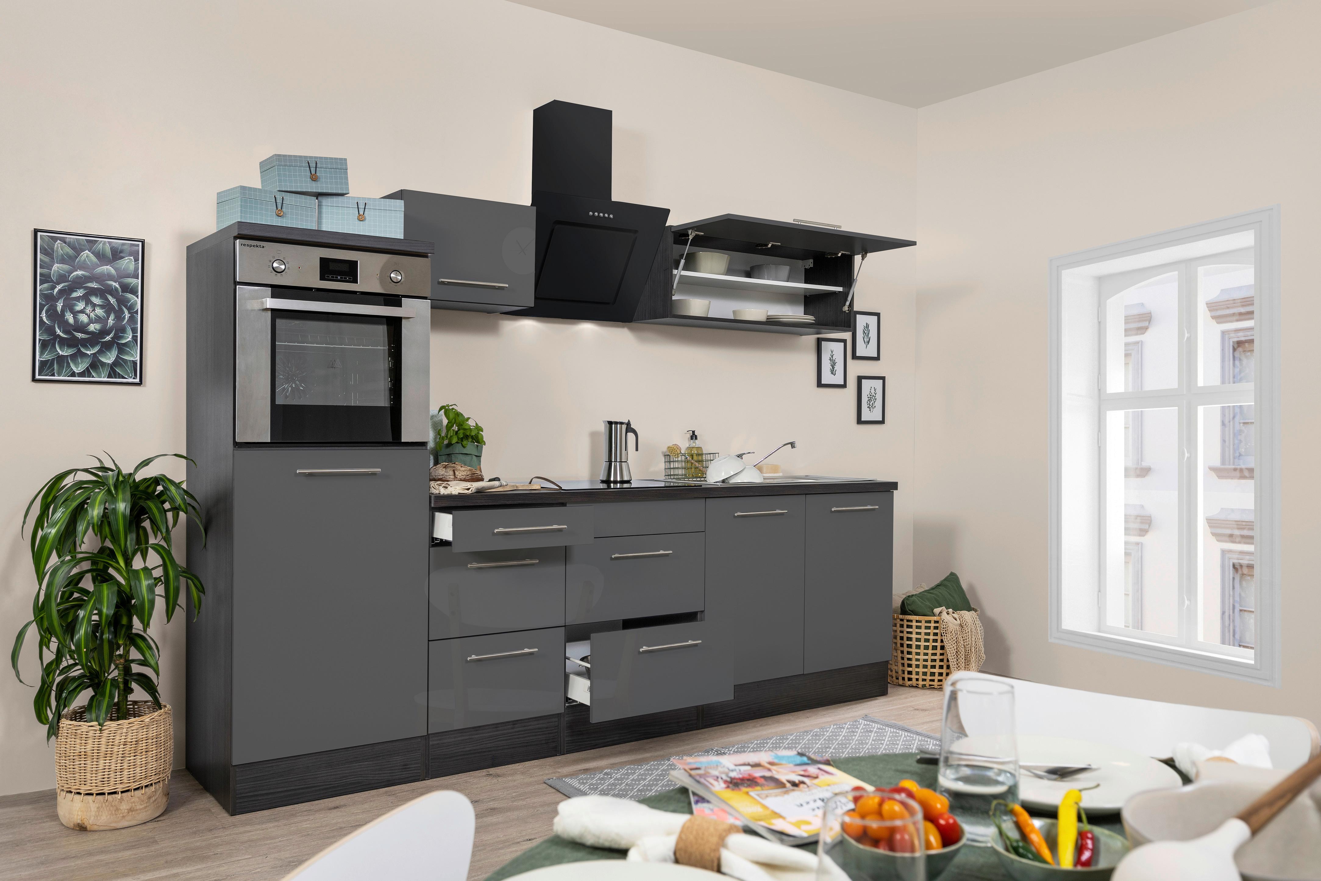 Küchenzeile mit Geräte Grau B: ca. 270 cm - Edelstahlfarben/Eichefarben, Basics, Holzwerkstoff/Metall (270cm) - Respekta