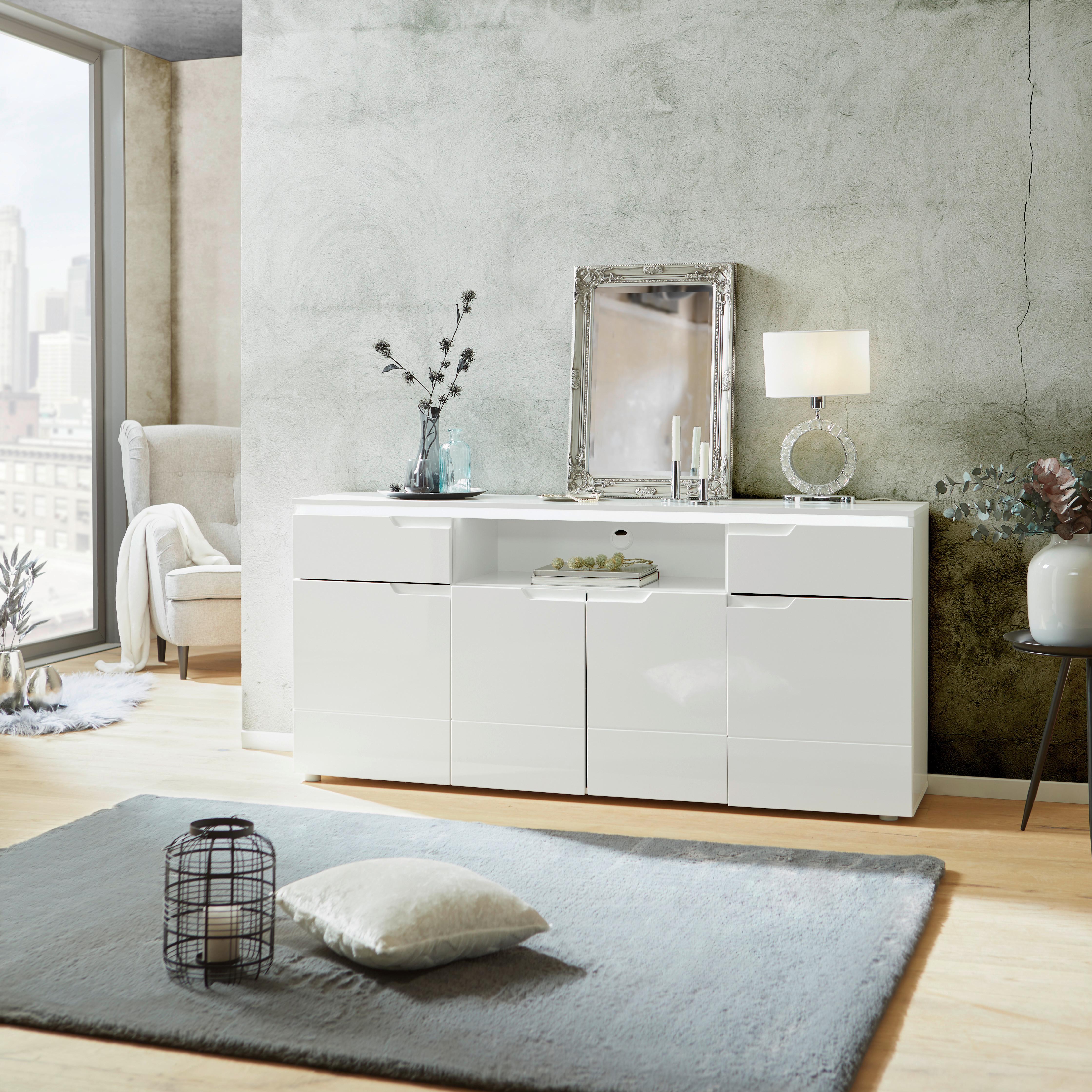 Comodă HILTON - alb/alb lucios intens, Modern, material pe bază de lemn (180/83,6/40cm) - Modern Living
