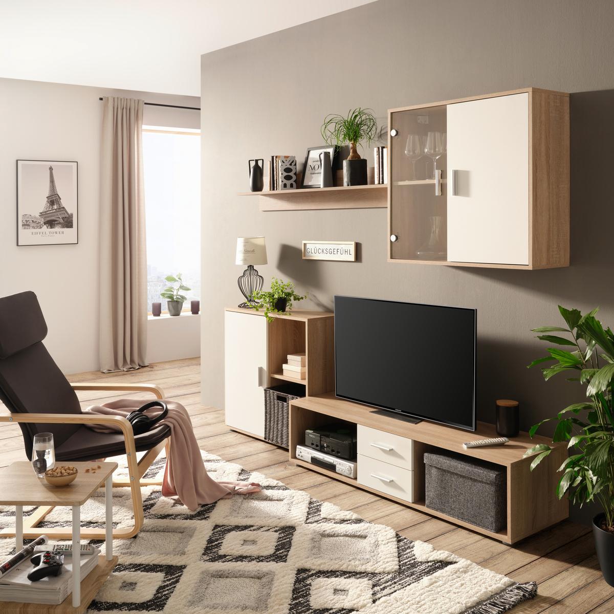 Wohnwand in Eichefarben - Weiss/Alufarben, Konventionell, Glas/Holz (218/190/42cm) - Based