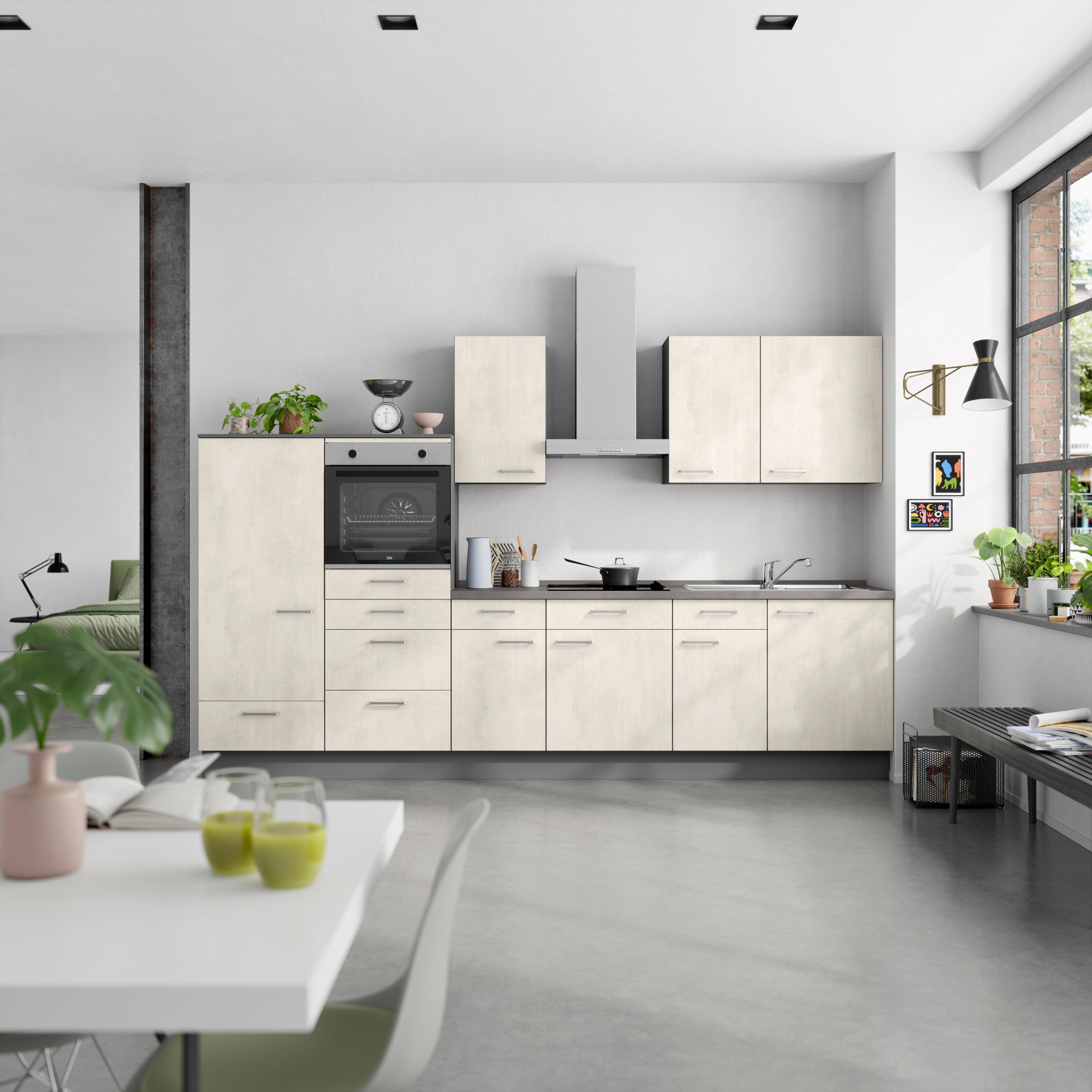 Küchenblock Riva Low m. Geräten Weiß - Schieferfarben/Edelstahlfarben, MODERN, Holzwerkstoff/Metall (330cm) - Nobilia