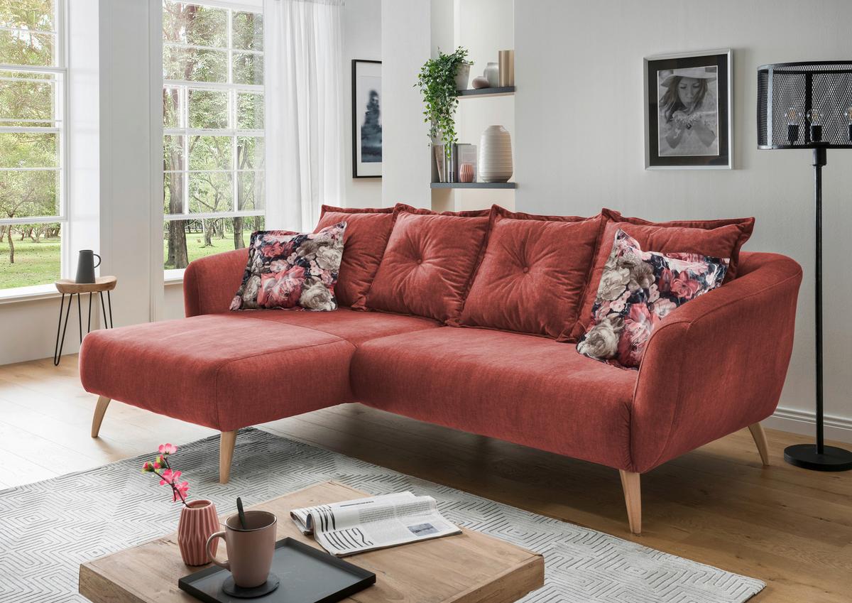 Wohnlandschaft Baggio Koralle Velours - Koralle/Schwarz, MODERN, Holz/Textil (162/277cm) - Livetastic