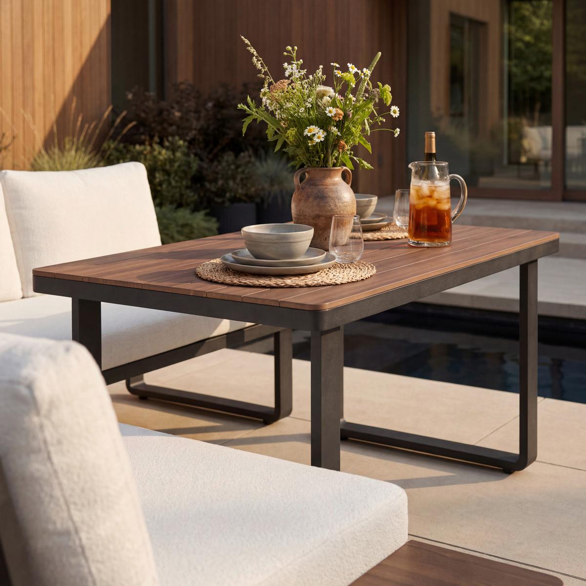 Dining-Loungeset Gianna Holz Outdoorstoff/Metall +Abdeckung - Creme/Schwarz, MODERN, Holz/Textil (221/71/76cm) - Bessagi Garden