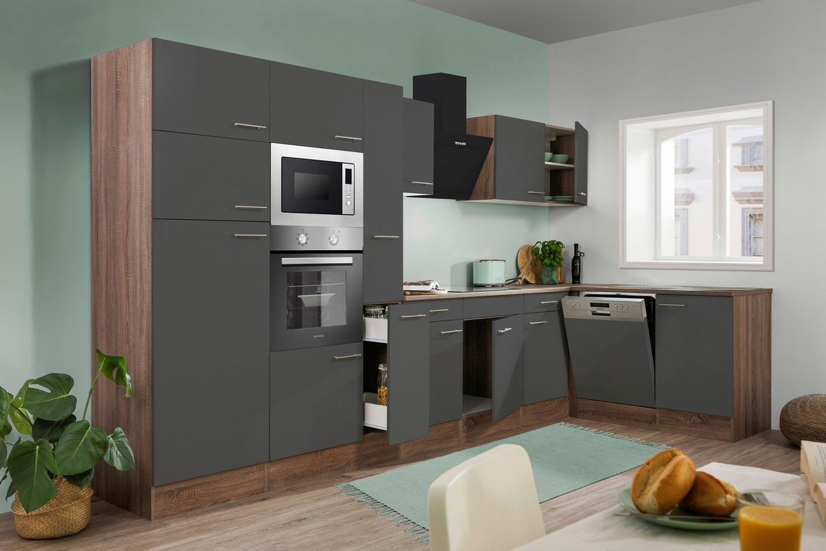 Eckküche Oliver mit Geräten ca. 370x172 cm Grau - Eichefarben/Grau, Basics, Holzwerkstoff/Metall (370/172cm) - Respekta